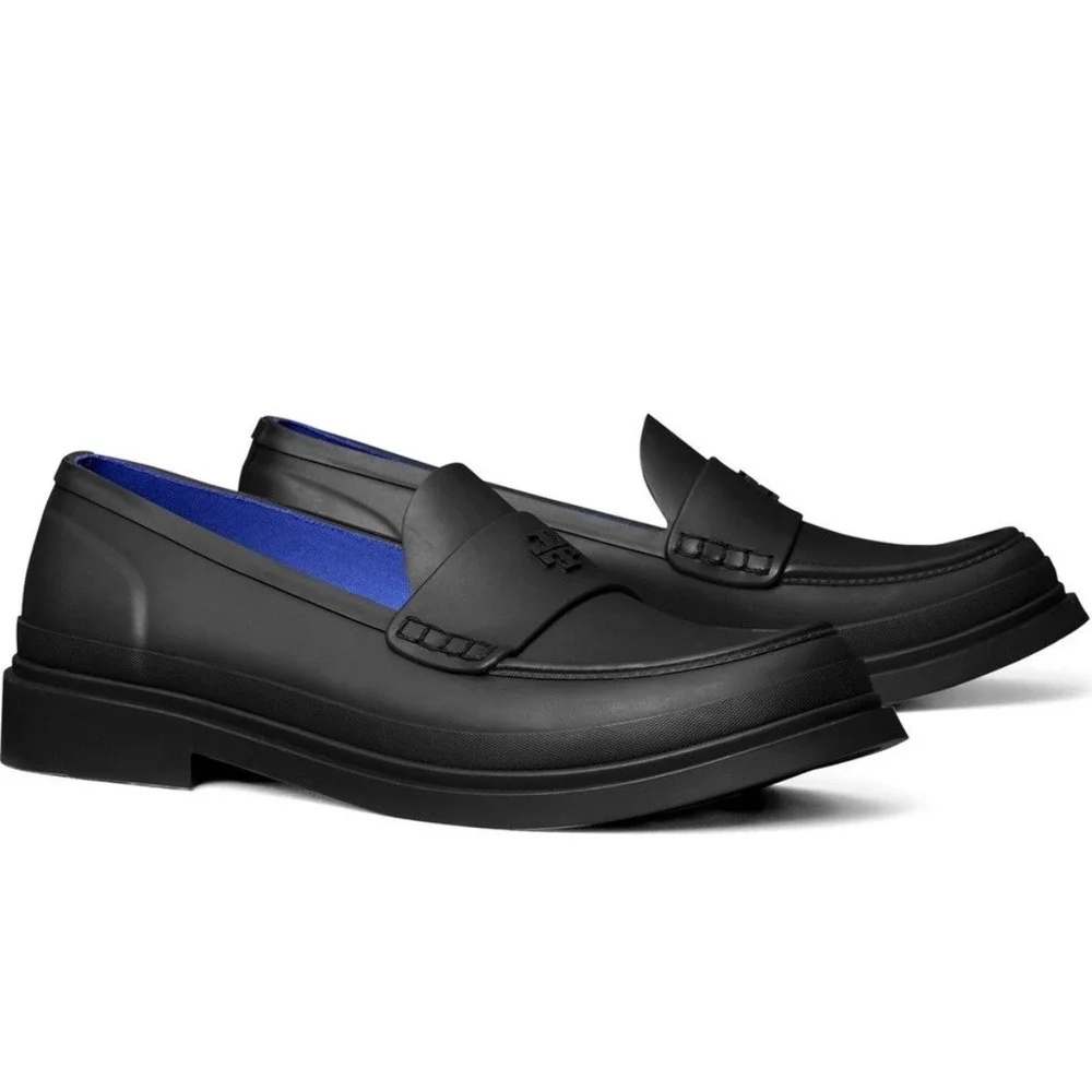 Tory Burch Rain Loafers Waterproof Rubber Logo Shoes Black 10